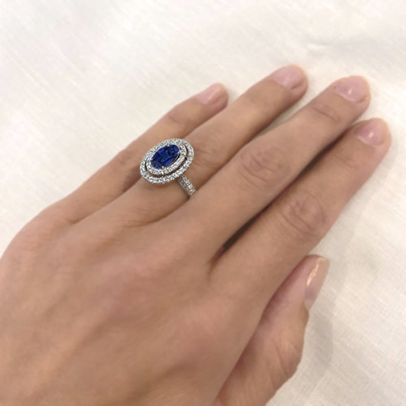 2 CT Oval Cut Blue Sapphire Diamond White Gold Over On 925 Sterling Silver Double Halo Wedding Ring