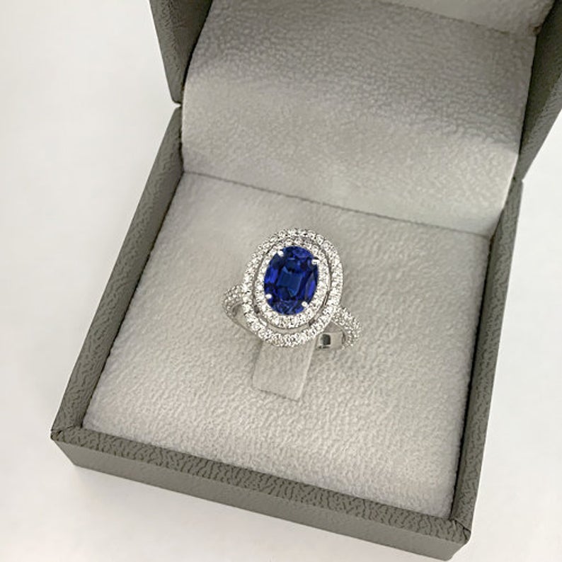 2 CT Oval Cut Blue Sapphire Diamond White Gold Over On 925 Sterling Silver Double Halo Wedding Ring
