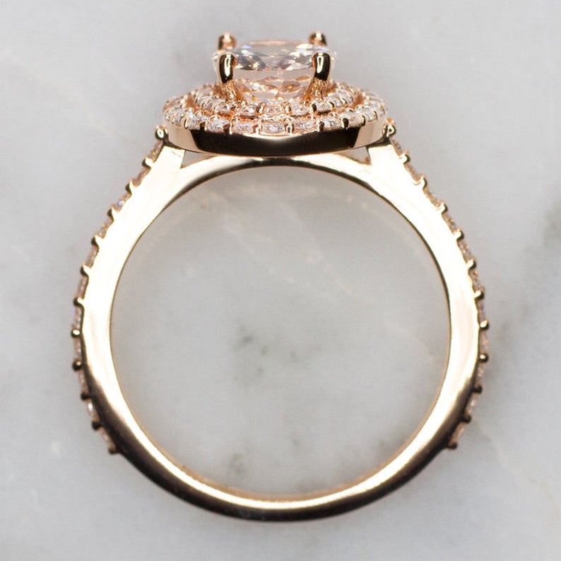 1.2 CT Oval Cut Morganite Diamond Rose Gold Over On 925 Sterling Silver Double Halo  Engagement Ring,