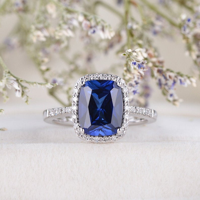CT Cushion Cut Blue Sapphire Diamond White Gold Over On 925 Sterling  Silver Halo Wedding Ring