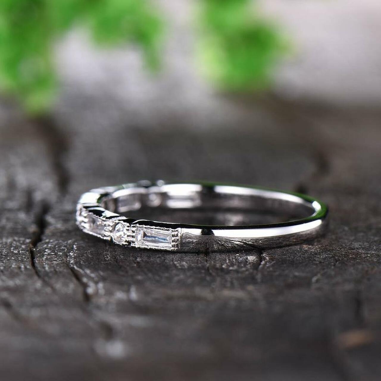 0.75 CT Baguette & Round Cut Diamond 925 Sterling Silver Wedding Band Ring