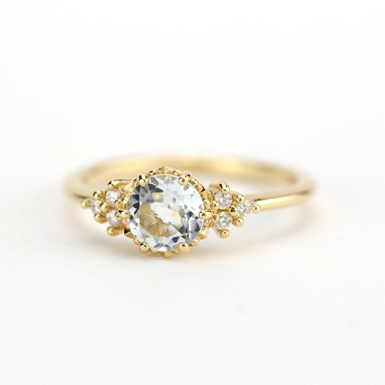 1 CT Round Cut Aquamarine Diamond Yellow Gold Over On 925 Sterling Silver Vintage Engagement Ring