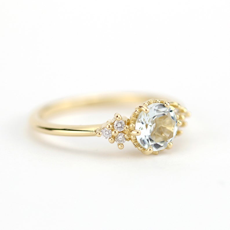 1 CT Round Cut Aquamarine Diamond Yellow Gold Over On 925 Sterling Silver Vintage Engagement Ring