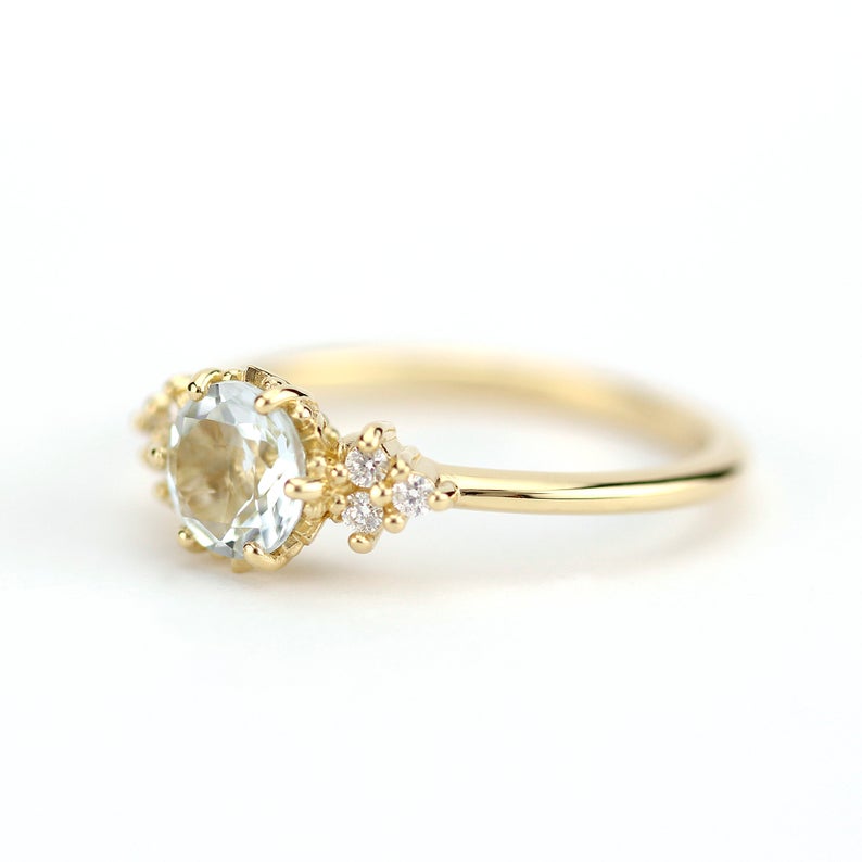 1 CT Round Cut Aquamarine Diamond Yellow Gold Over On 925 Sterling Silver Vintage Engagement Ring