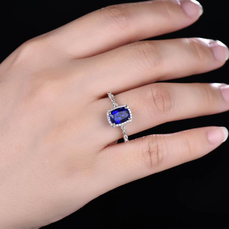 2 CT Cushion Cut Blue Sapphire Diamond 925 Sterling Silver Halo Engagement Ring,