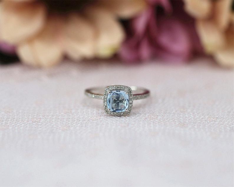 1 CT Cushion Cut Aquamarine Diamond 925 Sterling Silver Half Eternity Engagement Ring