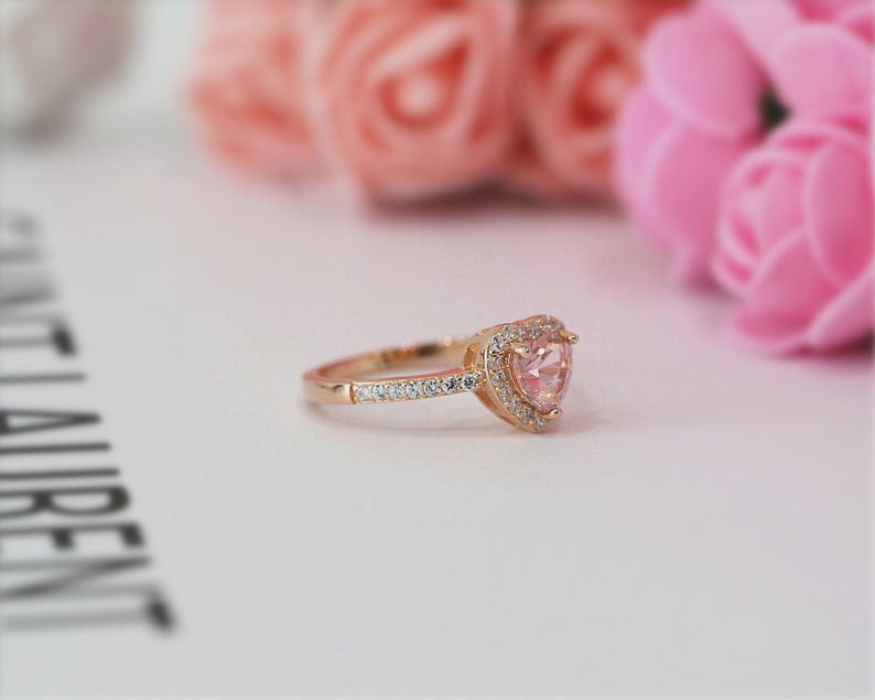 1 CT Heart Pink Morganite Diamond Rose Gold Over On 925 Sterling Silver Halo Engagement Ring