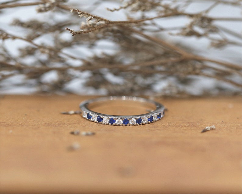 1 CT Round Cut Blue Sapphire Diamond 925 Sterling Silver Half Eternity Anniversary Band Ring - atjewels.in