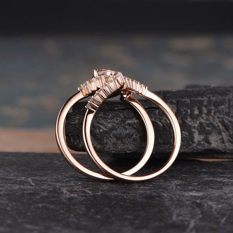 1 CT Pear Cut Morganite Diamond 925 Sterling Silver Bridal Set Halo Wedding Ring