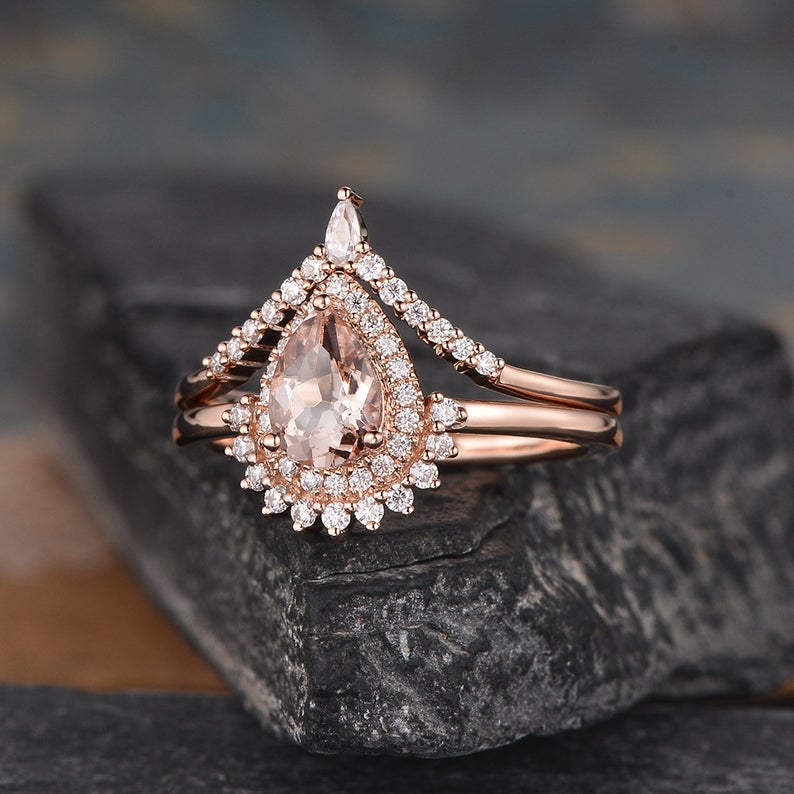 1 CT Pear Cut Morganite Diamond 925 Sterling Silver Bridal Set Halo Wedding Ring