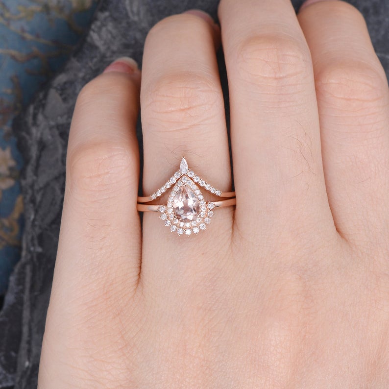 1 CT Pear Cut Morganite Diamond 925 Sterling Silver Bridal Set Halo Wedding Ring