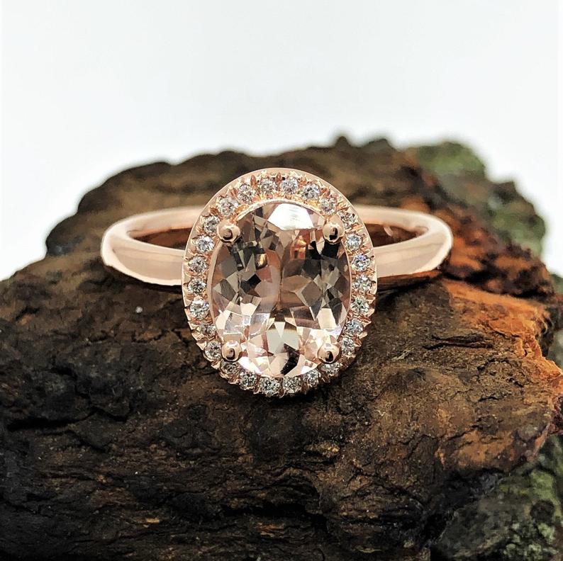 2 CT Oval Cut Morganite Diamond Rose Gold Over On 925 Sterling Silver Halo Anniversary Ring