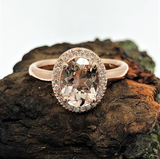 2 CT Oval Cut Morganite Diamond Rose Gold Over On 925 Sterling Silver Halo Anniversary Ring