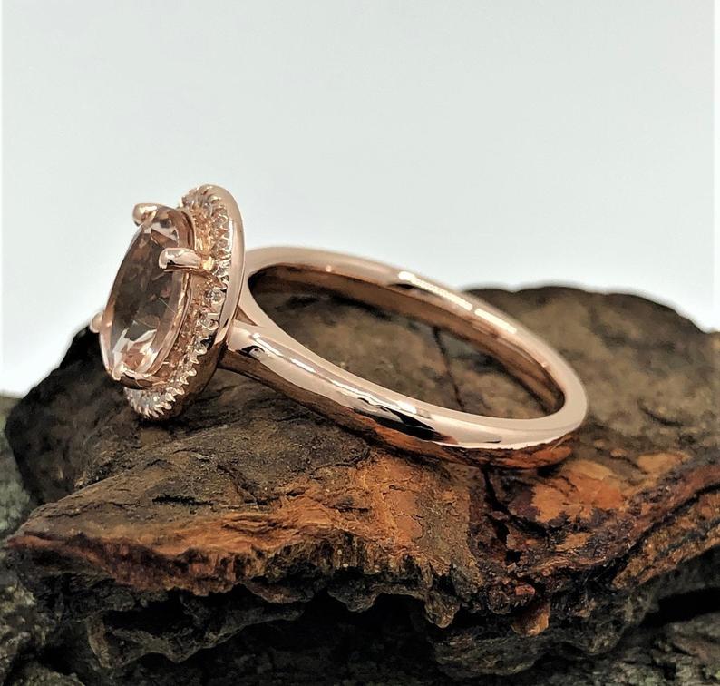 2 CT Oval Cut Morganite Diamond Rose Gold Over On 925 Sterling Silver Halo Anniversary Ring