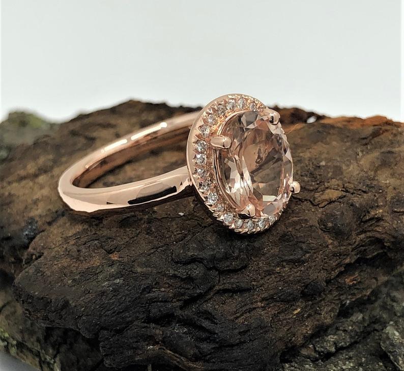 2 CT Oval Cut Morganite Diamond Rose Gold Over On 925 Sterling Silver Halo Anniversary Ring