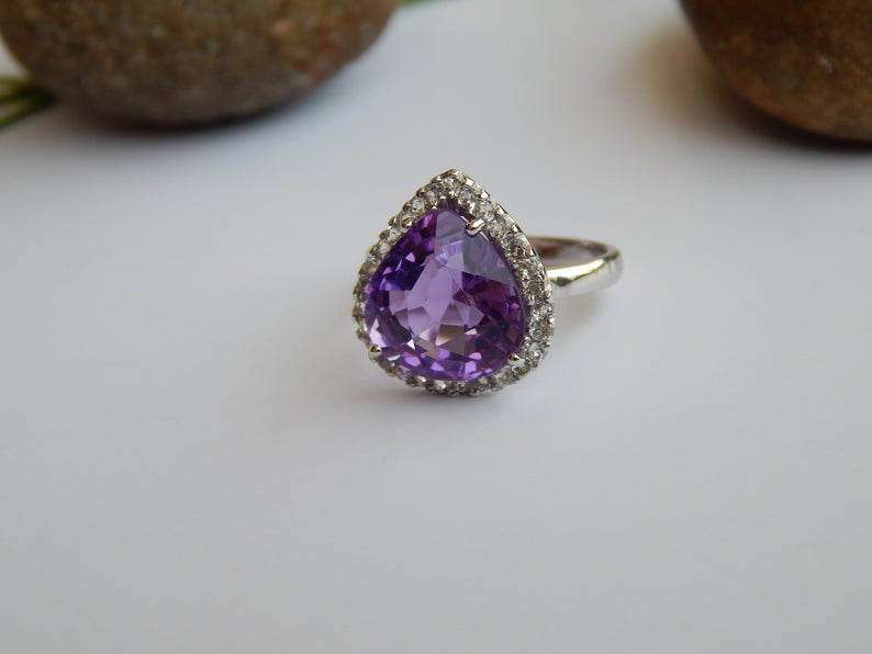 3 CT Pear Cut Amethyst Diamond 925 Sterling Silver Halo Anniversary Ring