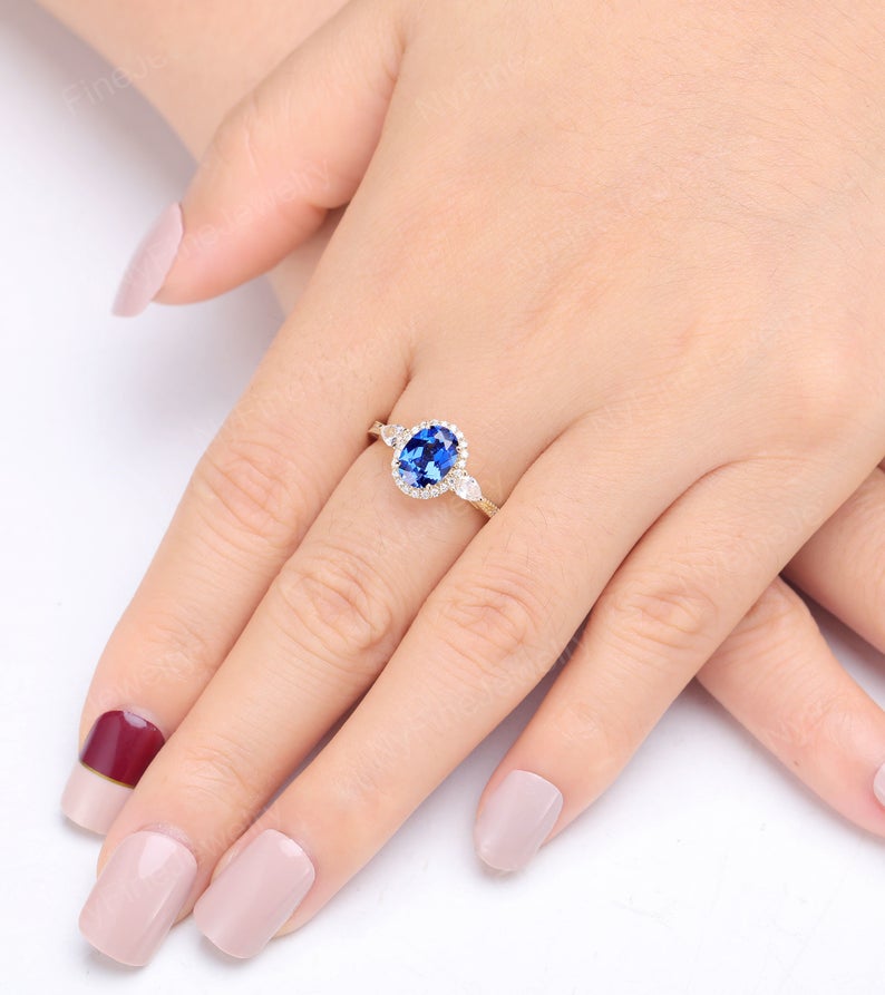2 CT Oval Cut Blue Sapphire Diamond 925 Sterling Silver Halo Anniversary Gift Ring