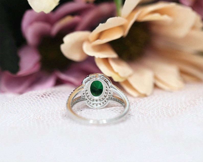 1 CT Oval Cut Emerald Diamond White Gold Over On 925 Sterling Silver Double Halo Engagement Ring