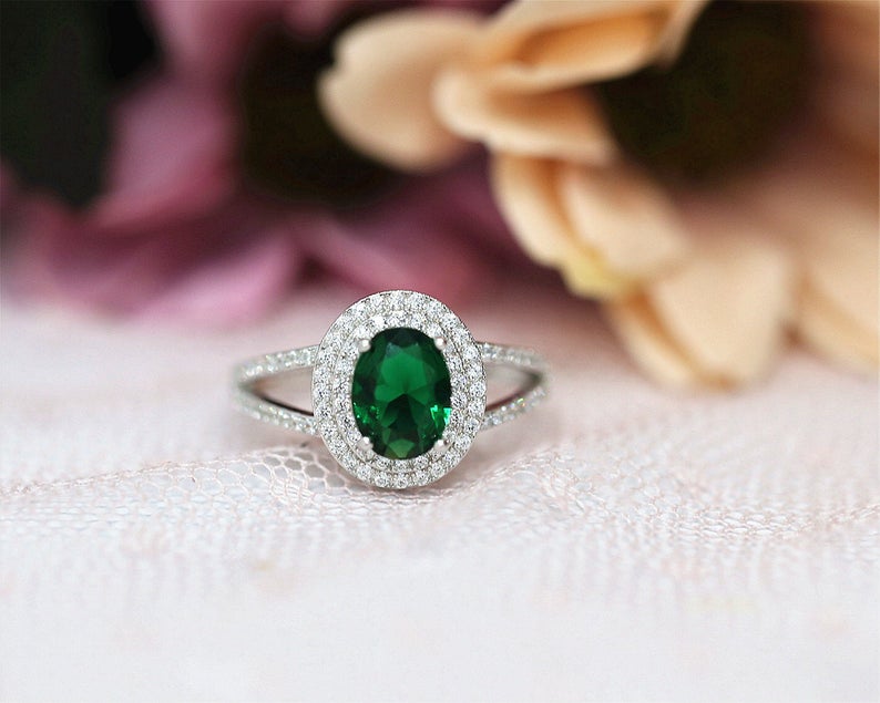 1 CT Oval Cut Emerald Diamond White Gold Over On 925 Sterling Silver Double Halo Engagement Ring