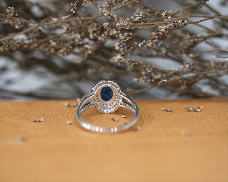 1 CT Oval Cut Blue Sapphire Diamond White Gold Over On 925 Sterling Silver Double Halo Engagement Ring