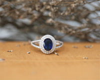 1 CT Oval Cut Blue Sapphire Diamond White Gold Over On 925 Sterling Silver Double Halo Engagement Ring