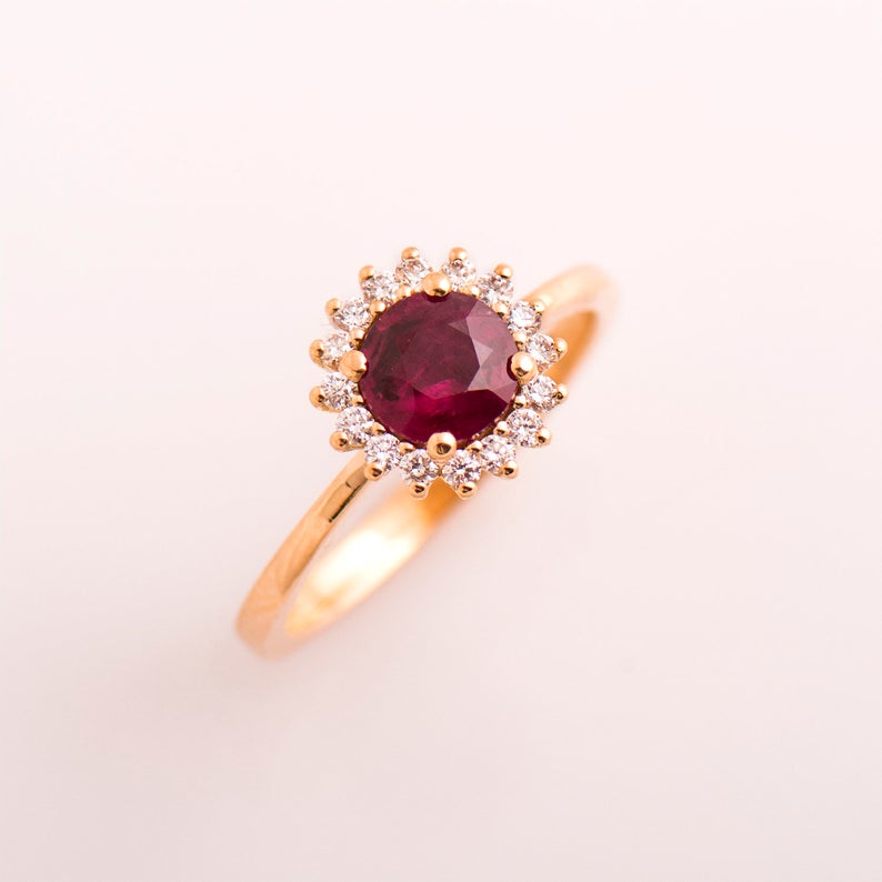 1 CT Round Cut Pink Ruby Diamond Rose Gold Over On 925 Sterling Silver Flower Halo Engagement Ring