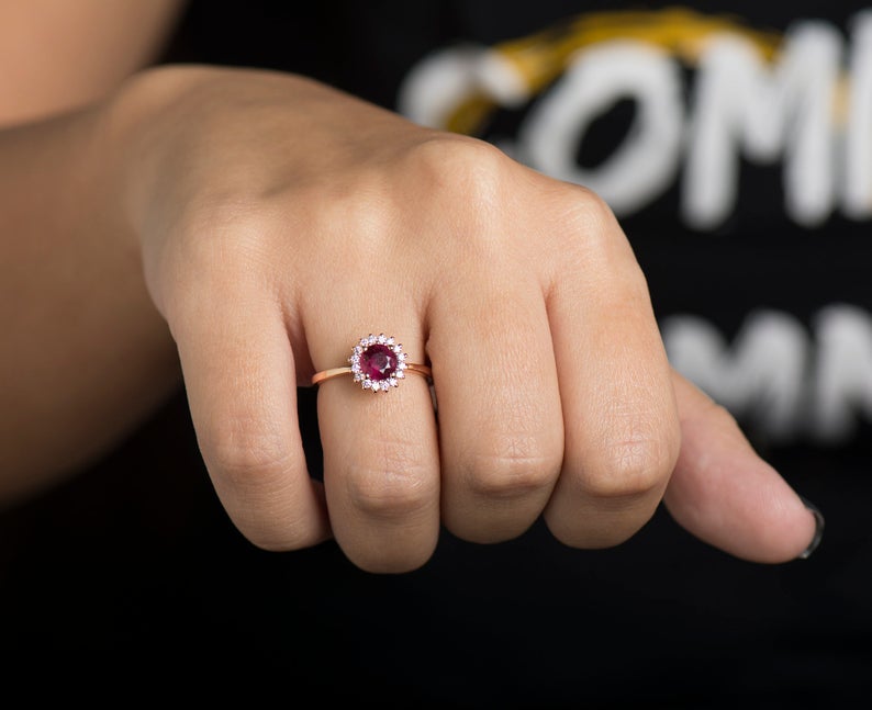 1 CT Round Cut Pink Ruby Diamond Rose Gold Over On 925 Sterling Silver Flower Halo Engagement Ring