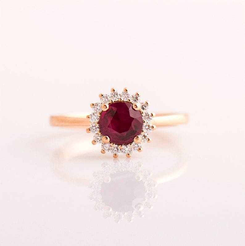 1 CT Round Cut Pink Ruby Diamond Rose Gold Over On 925 Sterling Silver Flower Halo Engagement Ring