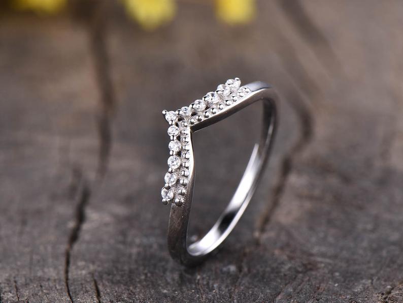 0.75 Ct Round Cut Diamond  V shape Curved Wedding Band Ring In 925 Sterling Silver