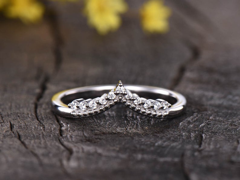 0.75 Ct Round Cut Diamond  V shape Curved Wedding Band Ring In 925 Sterling Silver