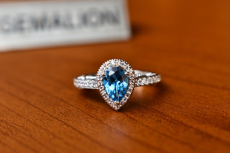 1 CT Pear Cut London Blue Topaz Diamond 925 Sterling Silver Halo Engagement Ring