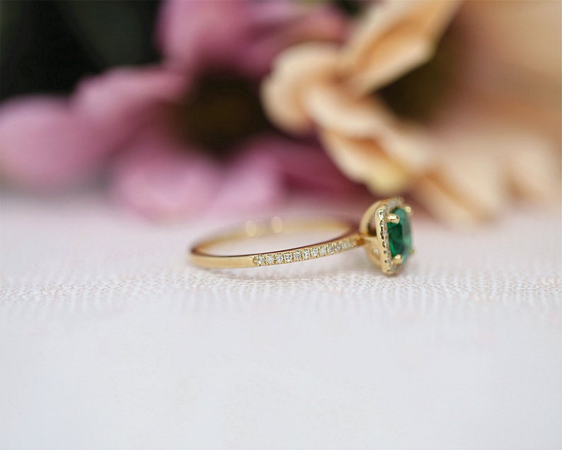 1 CT Cushion Cut Emerald Diamond Yellow Gold Over On 925 Sterling Silver Halo Anniversary Ring