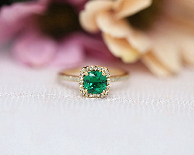1 CT Cushion Cut Emerald Diamond Yellow Gold Over On 925 Sterling Silver Halo Anniversary Ring