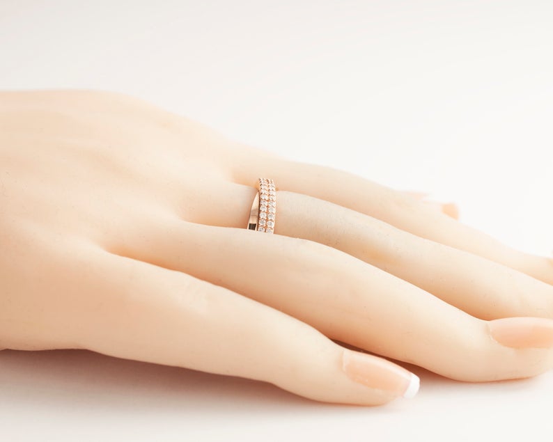 0.25 CT Round Cut Diamond Rose Gold Over On 925 Sterling Silver Double Row Infinity Anniversary Ring