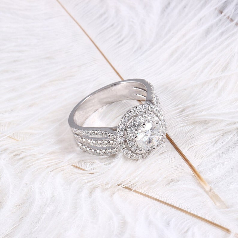 1 CT Round Cut Diamond 925 Sterling Silver Double Halo Wedding Ring