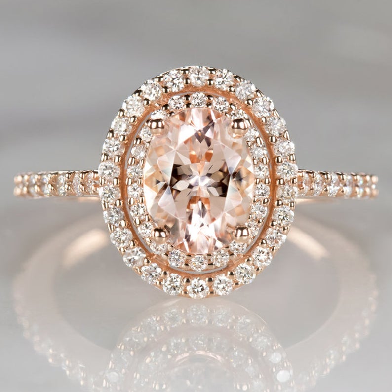 1.2 CT Oval Cut Morganite Diamond Rose Gold Over On 925 Sterling Silver Double Halo  Engagement Ring,