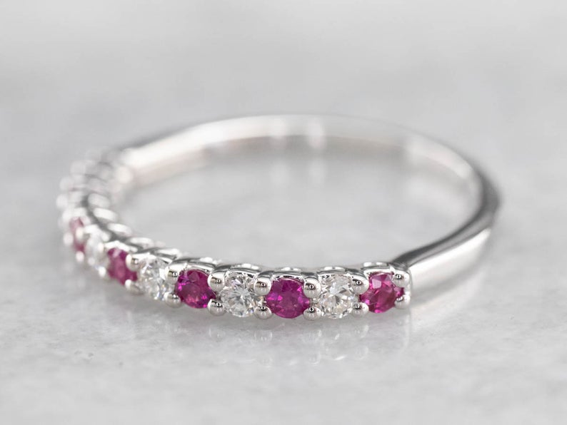 1.50 Ct Round Cut Pink Ruby & White CZ 925 Sterling Silver Half Eternity Anniversary Gift Ring