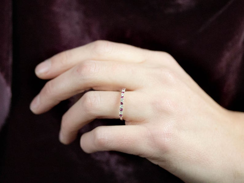 1.50 Ct Round Cut Pink Ruby & White CZ 925 Sterling Silver Half Eternity Anniversary Gift Ring