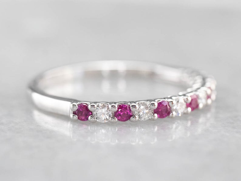 1.50 Ct Round Cut Pink Ruby & White CZ 925 Sterling Silver Half Eternity Anniversary Gift Ring
