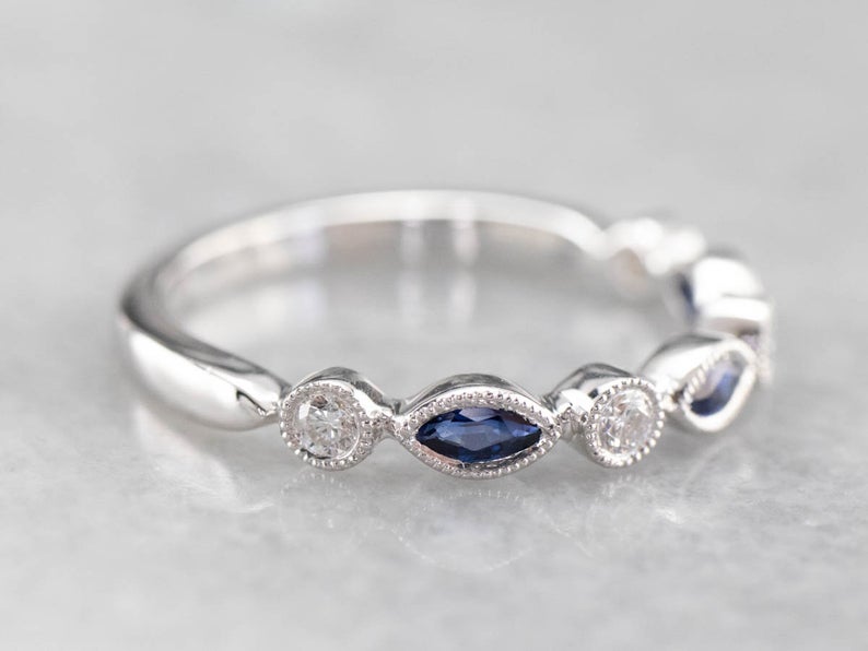 2.75 Ct Marquise Cut Blue Sapphire Half Eternity 925 Sterling Silver Promise Gift Ring