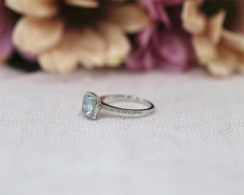 1 CT Cushion Cut Aquamarine Diamond 925 Sterling Silver Half Eternity Engagement Ring