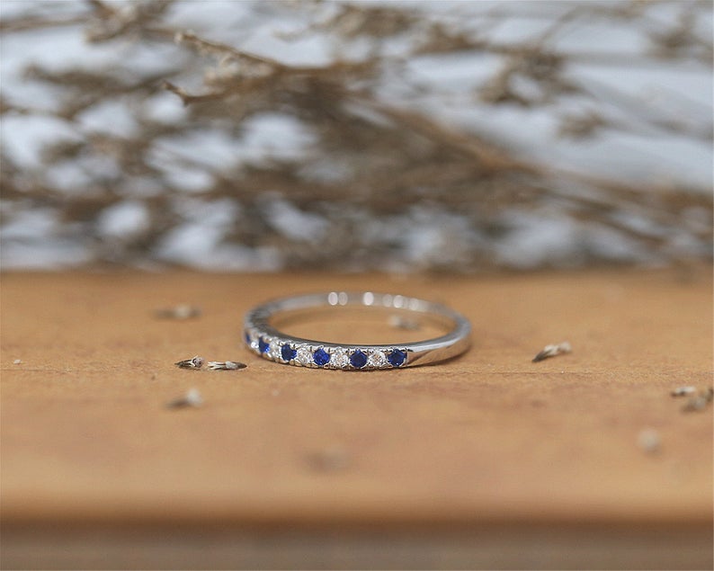 1 CT Round Cut Blue Sapphire Diamond 925 Sterling Silver Half Eternity Anniversary Band Ring - atjewels.in