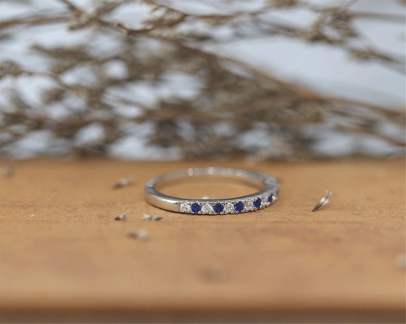 1 CT Round Cut Blue Sapphire Diamond 925 Sterling Silver Half Eternity Anniversary Band Ring - atjewels.in