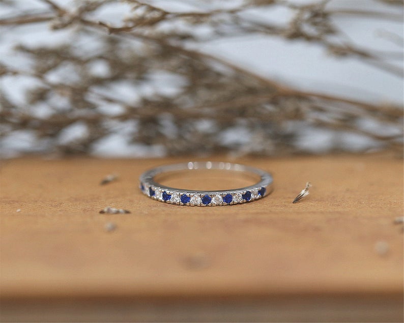 1 CT Round Cut Blue Sapphire Diamond 925 Sterling Silver Half Eternity Anniversary Band Ring - atjewels.in
