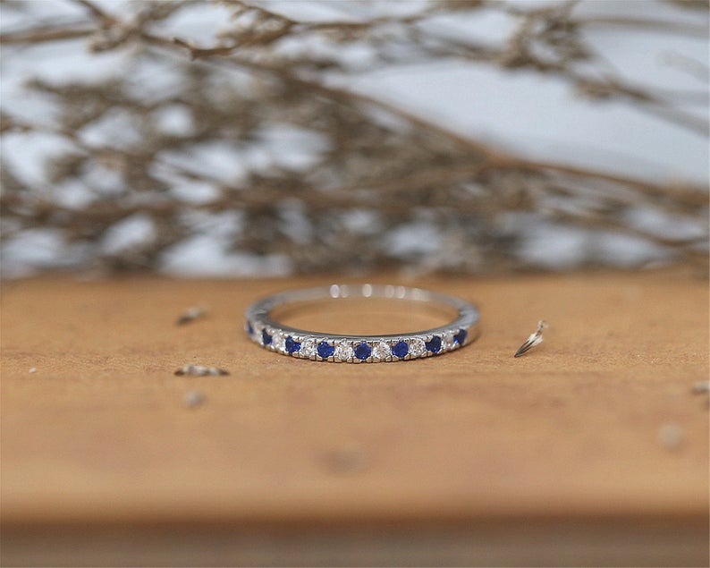 0.75 CT Round Cut Blue Sapphire Diamond 925 Sterling Silver Half Eternity Anniversary Ring