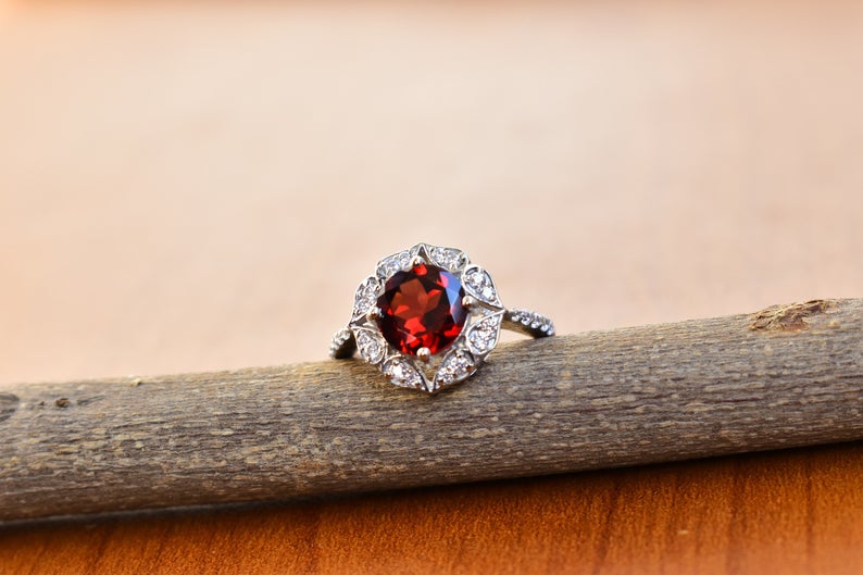 1 CT Round Cut Red Garnet Diamond White Gold Over On 925 Sterling Silver Floral Engagement Ring For Women