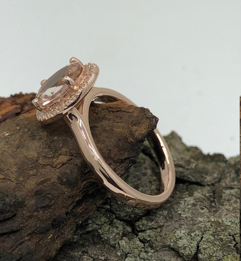 2 CT Oval Cut Morganite Diamond Rose Gold Over On 925 Sterling Silver Halo Anniversary Ring