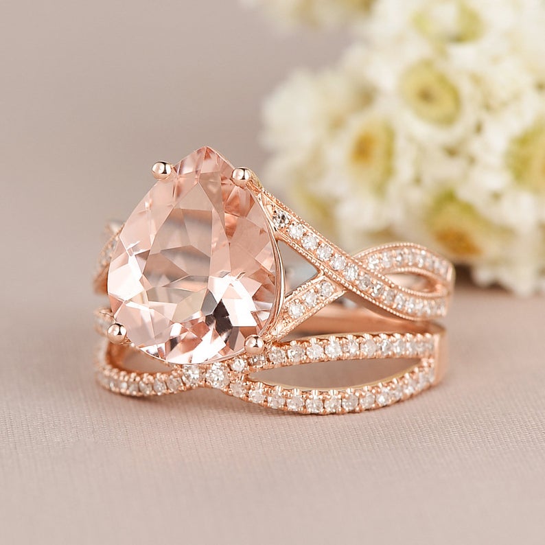 1 CT Pear Cut Morganite Diamond Rose Gold Over On 925 Sterling Silver Infinity Wedding Bridal Ring Set