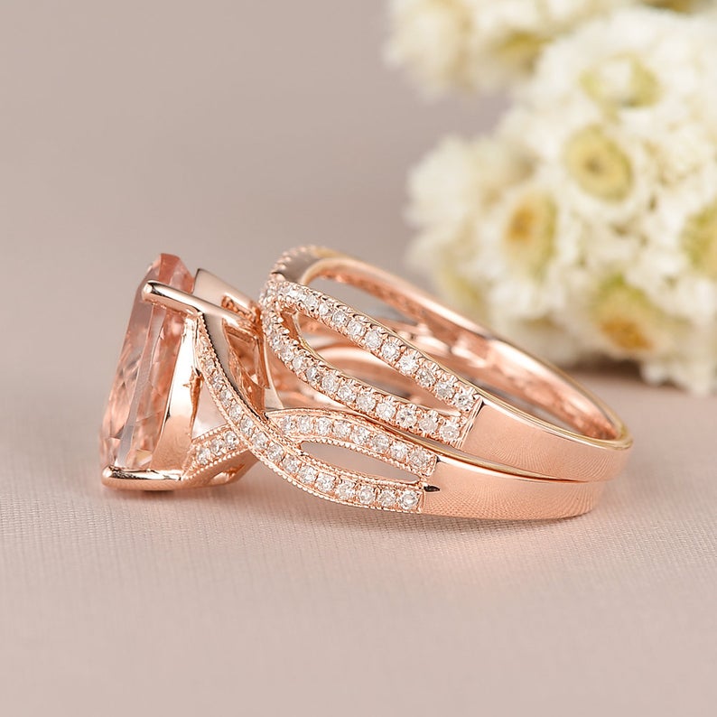 1 CT Pear Cut Morganite Diamond Rose Gold Over On 925 Sterling Silver Infinity Wedding Bridal Ring Set