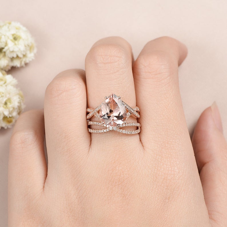 1 CT Pear Cut Morganite Diamond Rose Gold Over On 925 Sterling Silver Infinity Wedding Bridal Ring Set